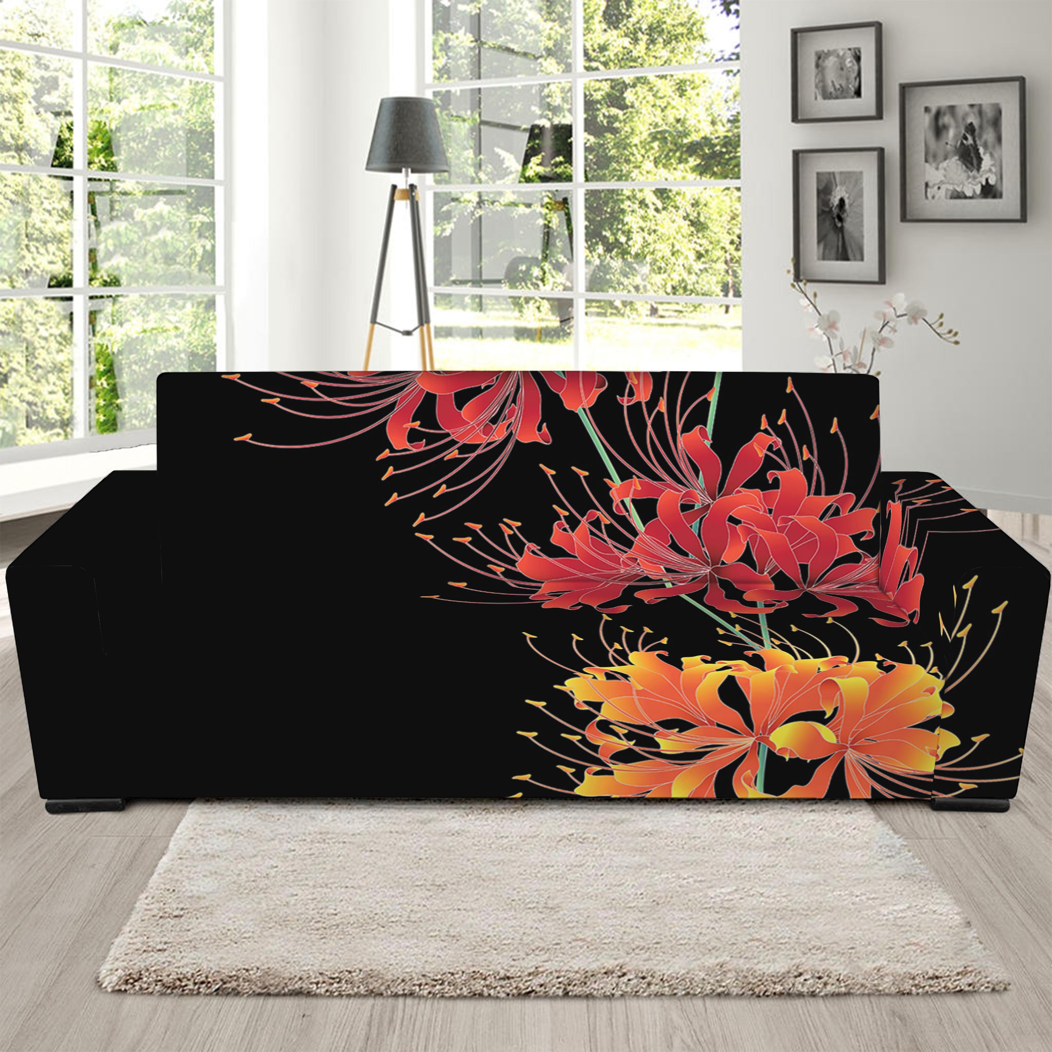 Red And Yellow Japanese Amaryllis Print Sofa Slipcover