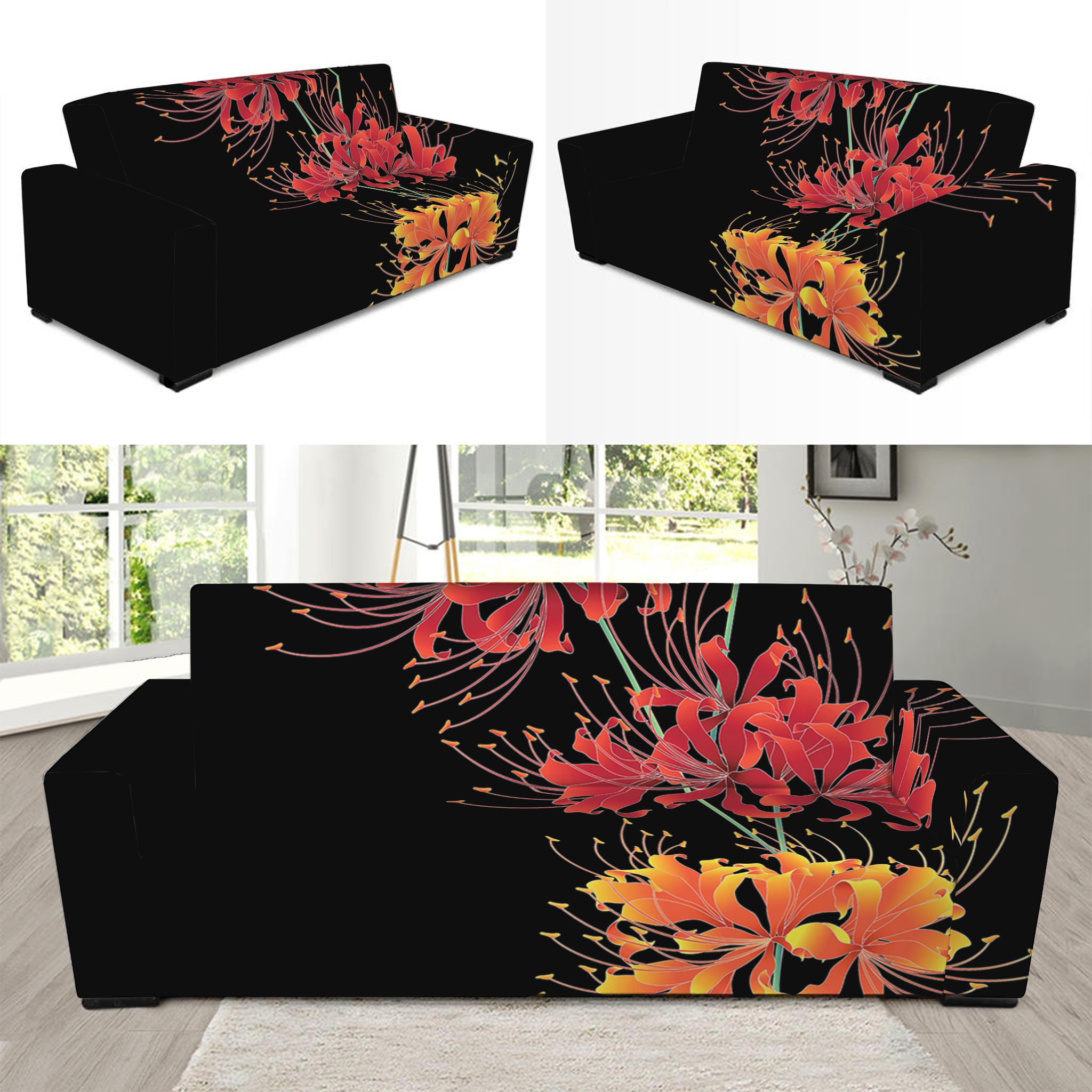 Red And Yellow Japanese Amaryllis Print Sofa Slipcover