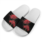 Red And Yellow Japanese Amaryllis Print White Slide Sandals