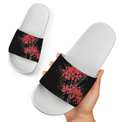 Red And Yellow Japanese Amaryllis Print White Slide Sandals