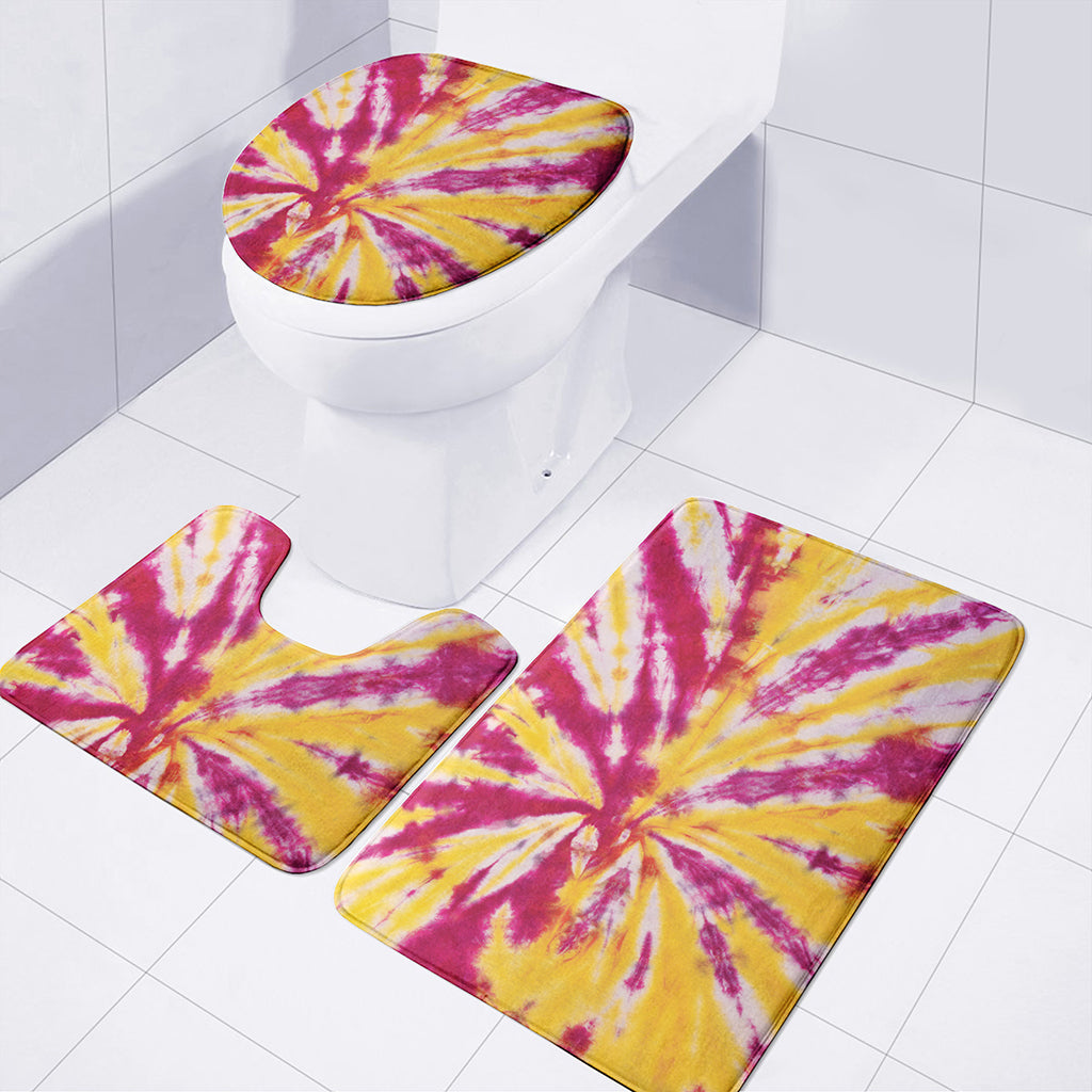 Red And Yellow Spider Tie Dye Print 3 Piece Bath Mat Set