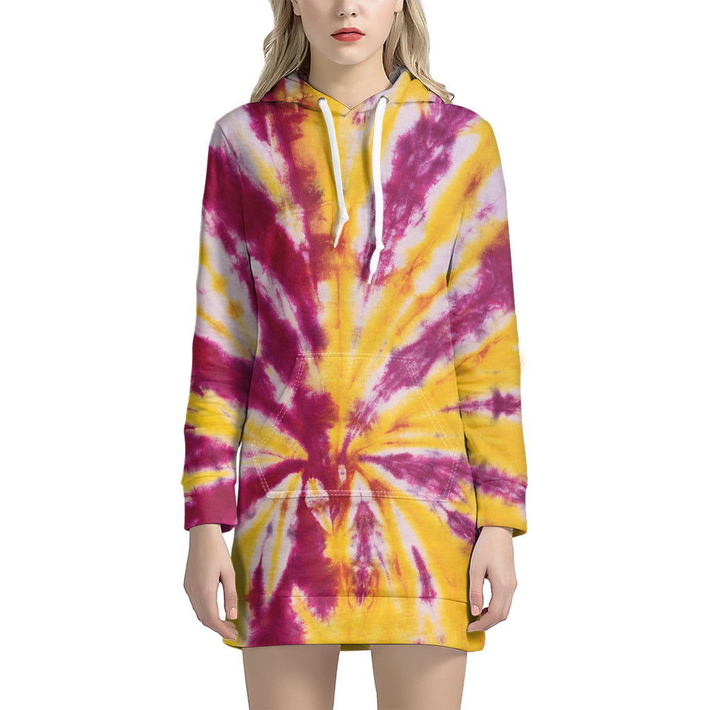 Red And Yellow Spider Tie Dye Print Hoodie Dress