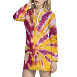 Red And Yellow Spider Tie Dye Print Hoodie Dress