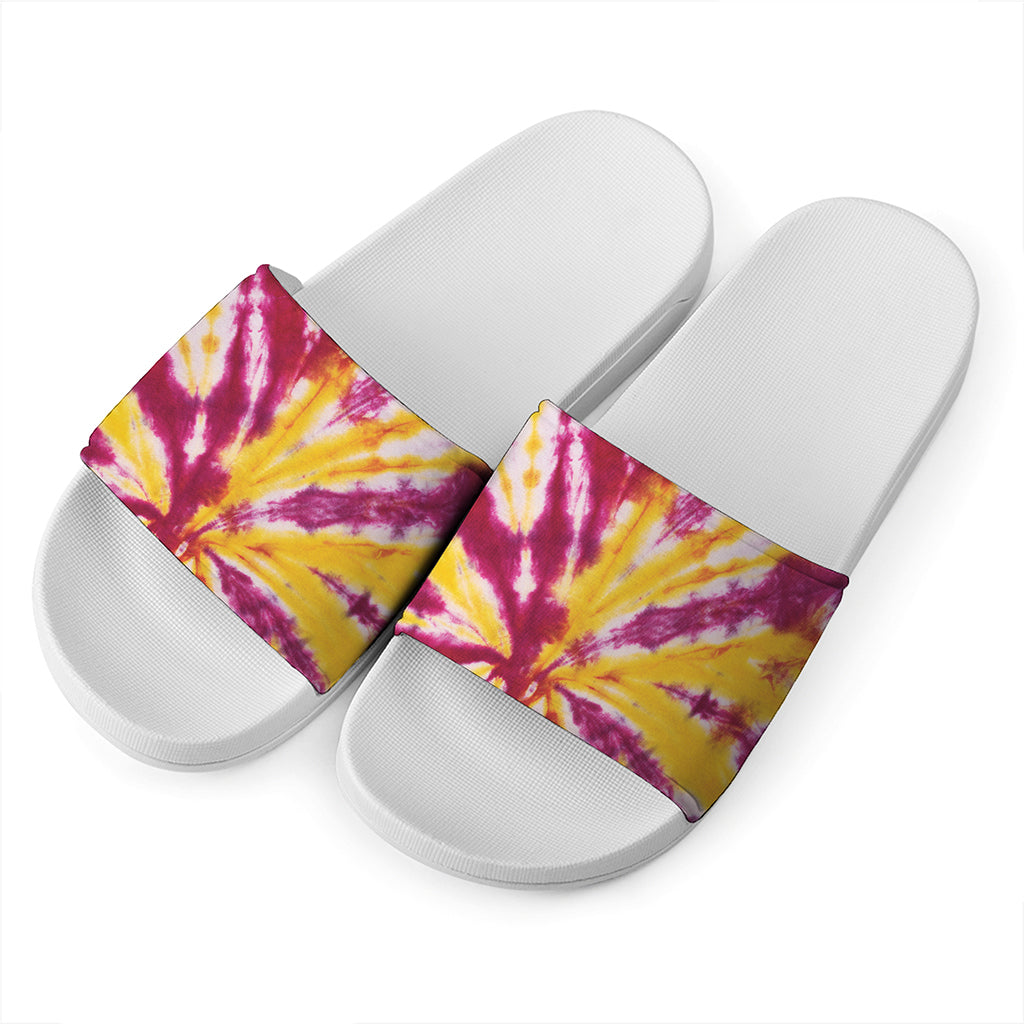Red And Yellow Spider Tie Dye Print White Slide Sandals