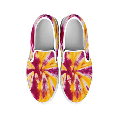 Red And Yellow Spider Tie Dye Print White Slip On Shoes