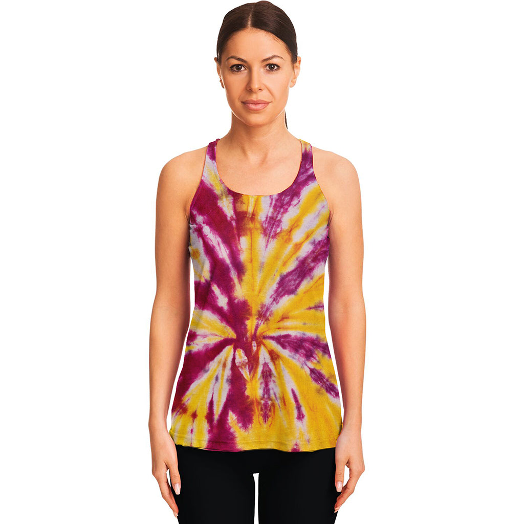 Red And Yellow Spider Tie Dye Print Women's Racerback Tank Top