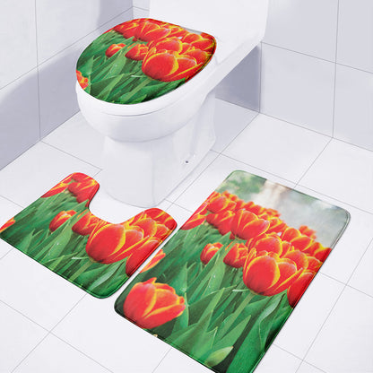 Red And Yellow Tulip Print 3 Piece Bath Mat Set