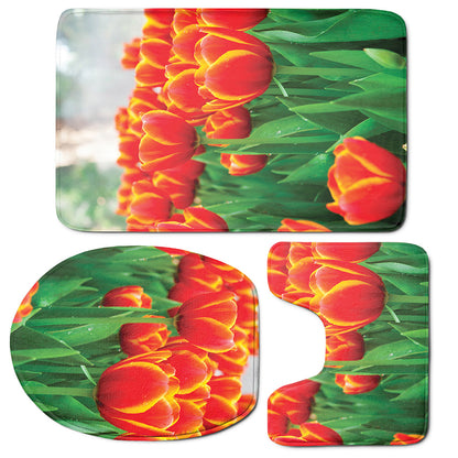 Red And Yellow Tulip Print 3 Piece Bath Mat Set