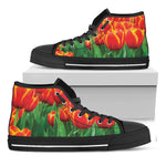 Red And Yellow Tulip Print Black High Top Shoes