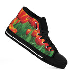 Red And Yellow Tulip Print Black High Top Shoes