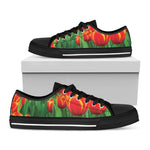 Red And Yellow Tulip Print Black Low Top Shoes