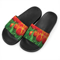 Red And Yellow Tulip Print Black Slide Sandals