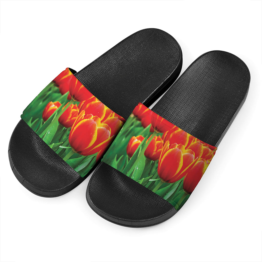 Red And Yellow Tulip Print Black Slide Sandals