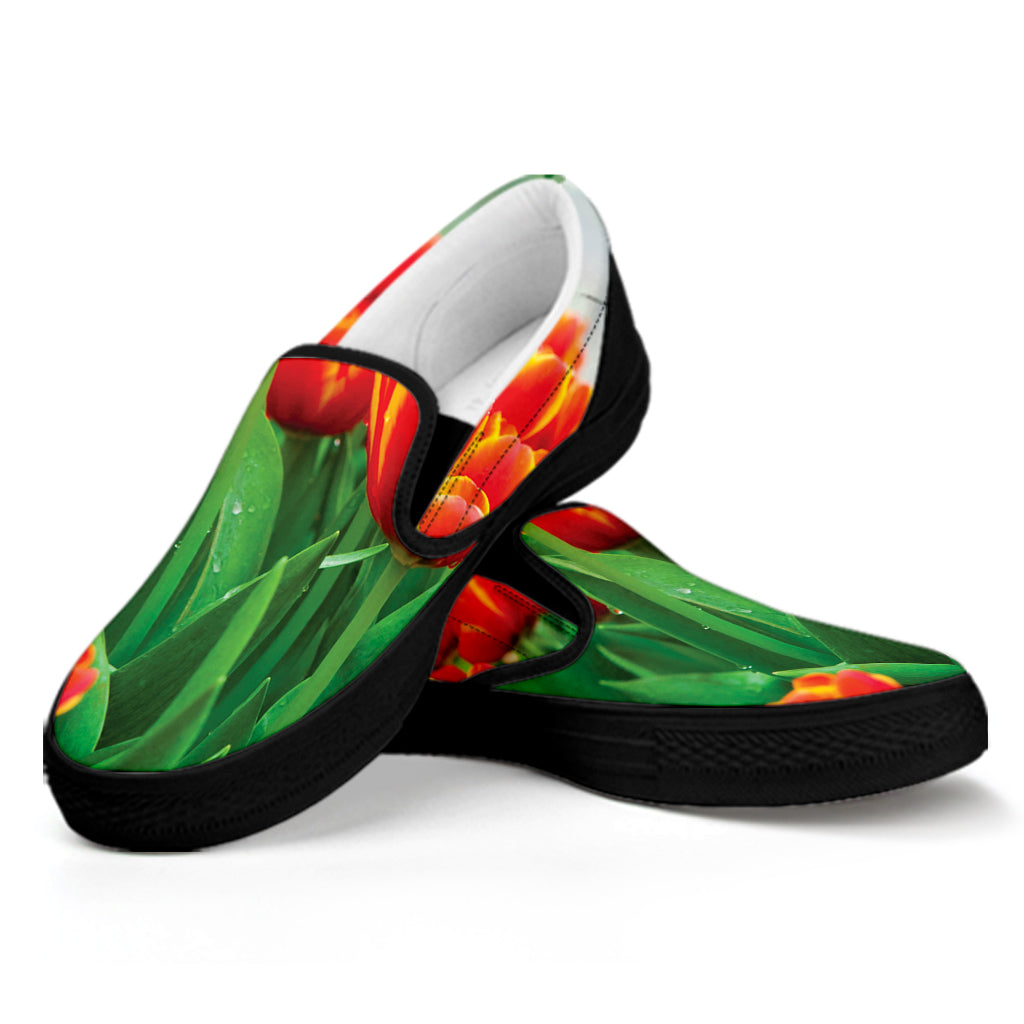 Red And Yellow Tulip Print Black Slip On Shoes