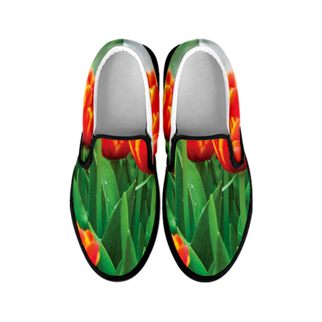 Red And Yellow Tulip Print Black Slip On Shoes