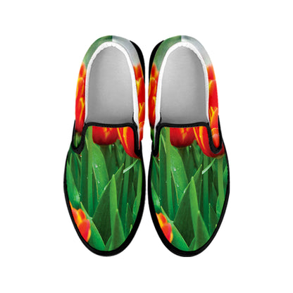 Red And Yellow Tulip Print Black Slip On Shoes
