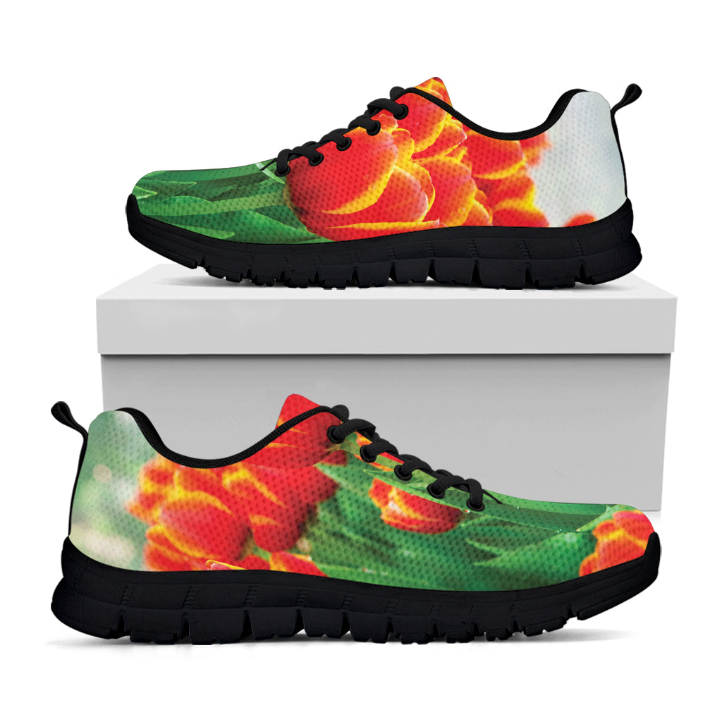 Red And Yellow Tulip Print Black Sneakers