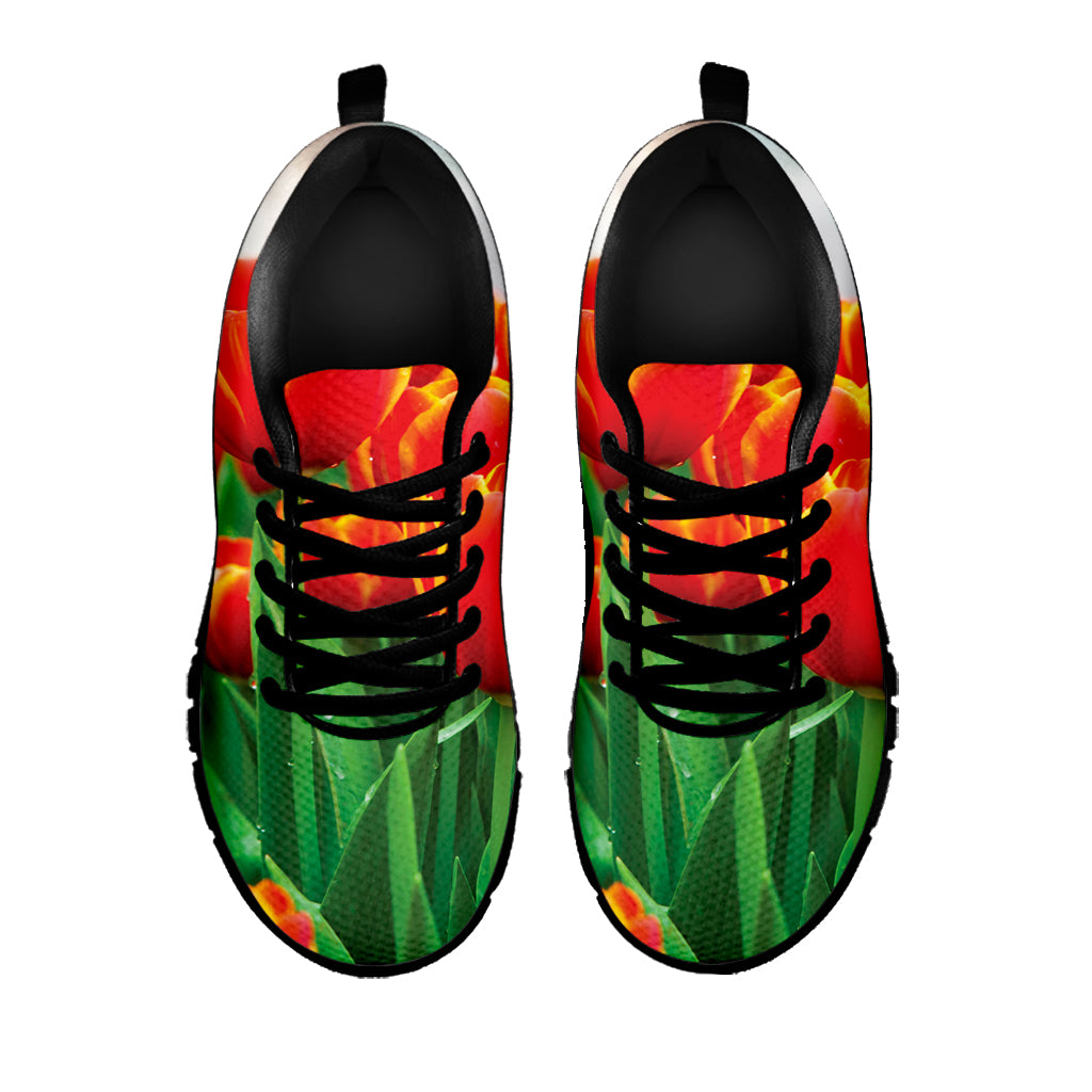 Red And Yellow Tulip Print Black Sneakers