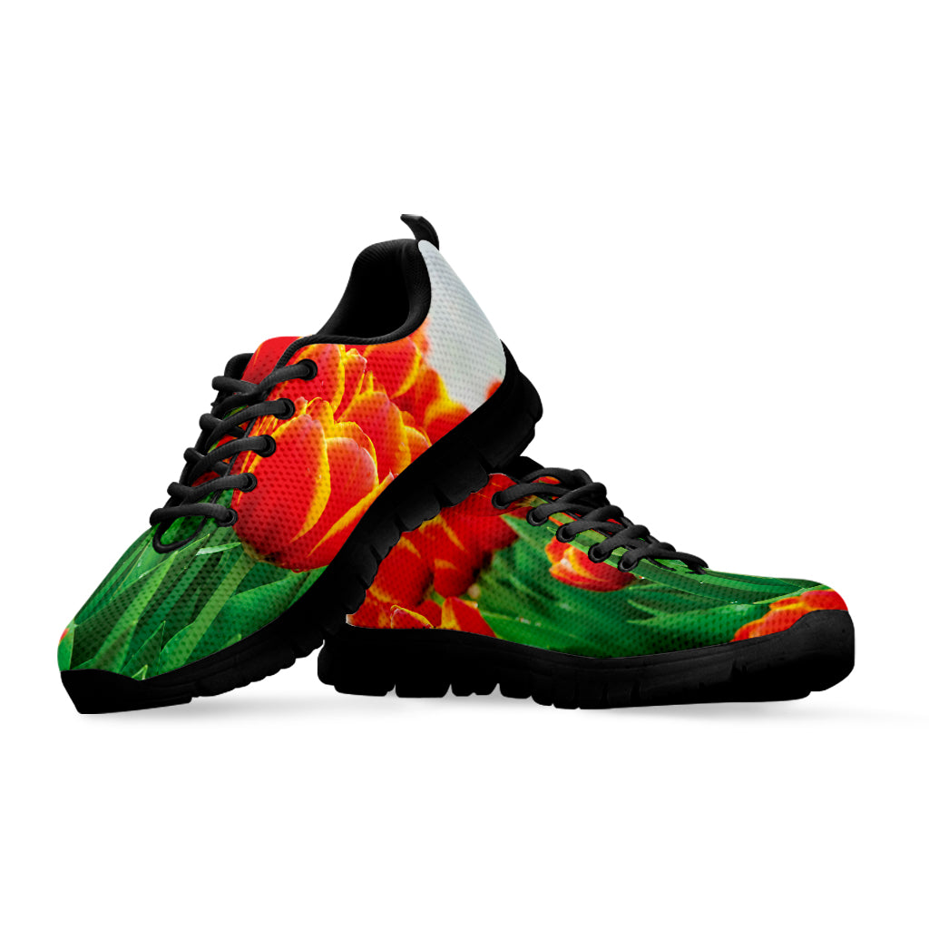 Red And Yellow Tulip Print Black Sneakers