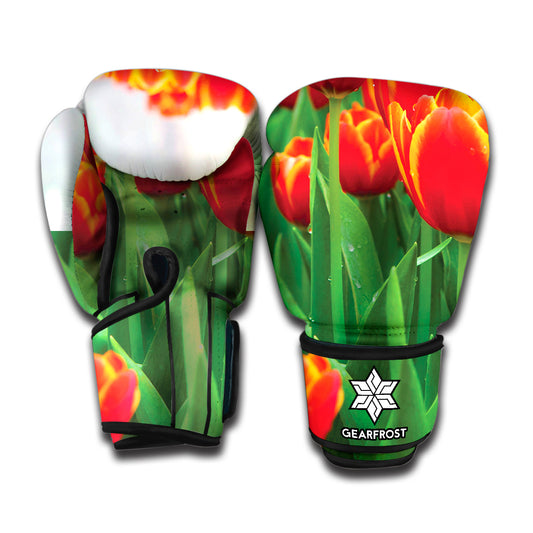 Red And Yellow Tulip Print Boxing Gloves