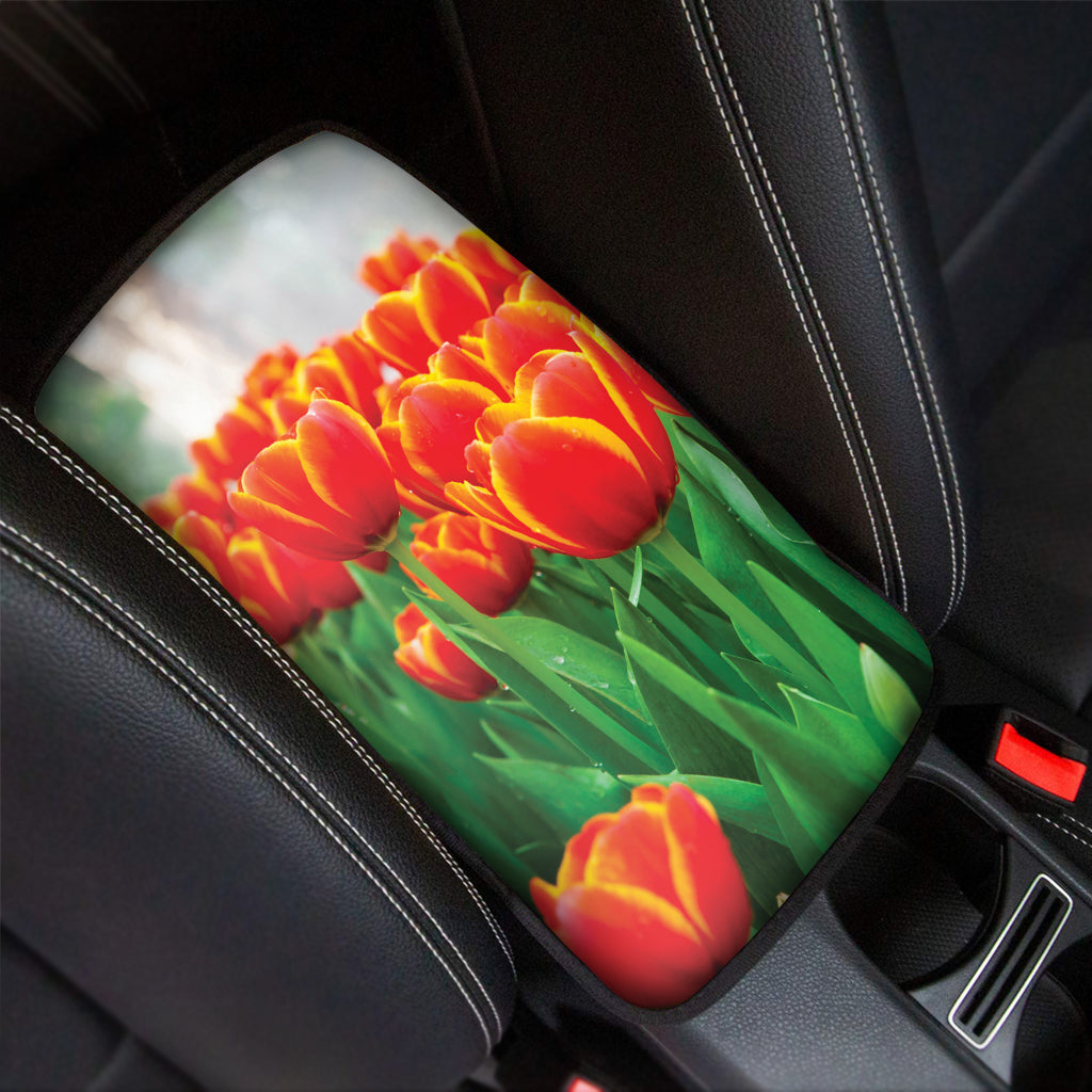 Red And Yellow Tulip Print Car Center Console Cover