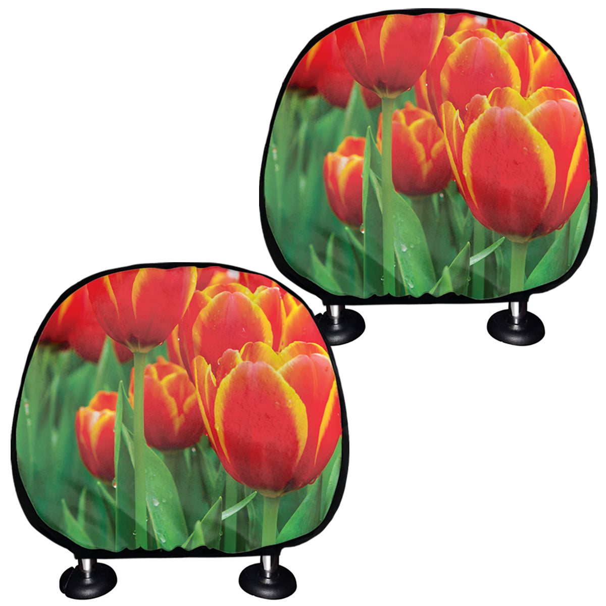 Red And Yellow Tulip Print Car Headrest Covers
