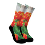 Red And Yellow Tulip Print Crew Socks
