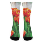 Red And Yellow Tulip Print Crew Socks