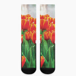 Red And Yellow Tulip Print Crew Socks