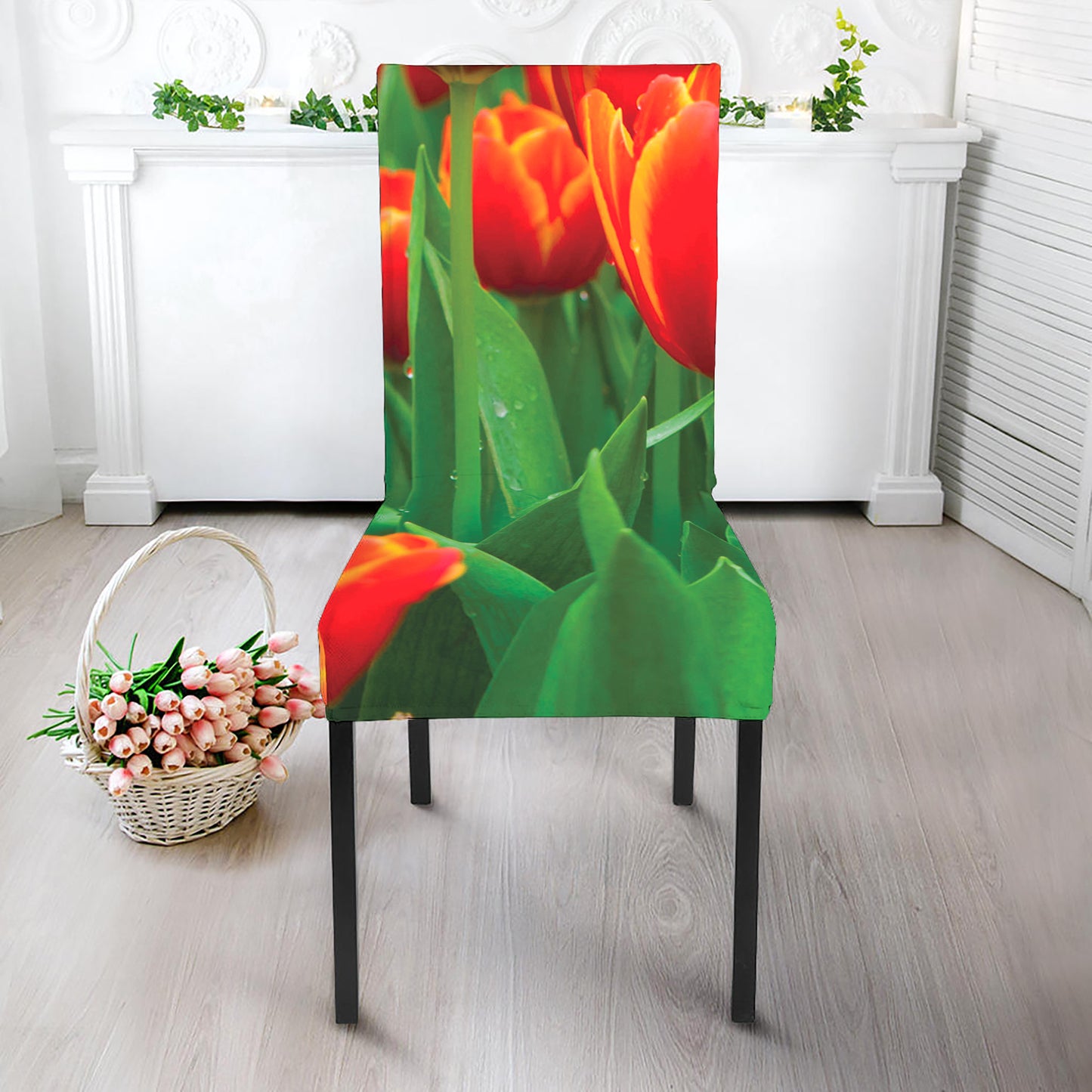 Red And Yellow Tulip Print Dining Chair Slipcover