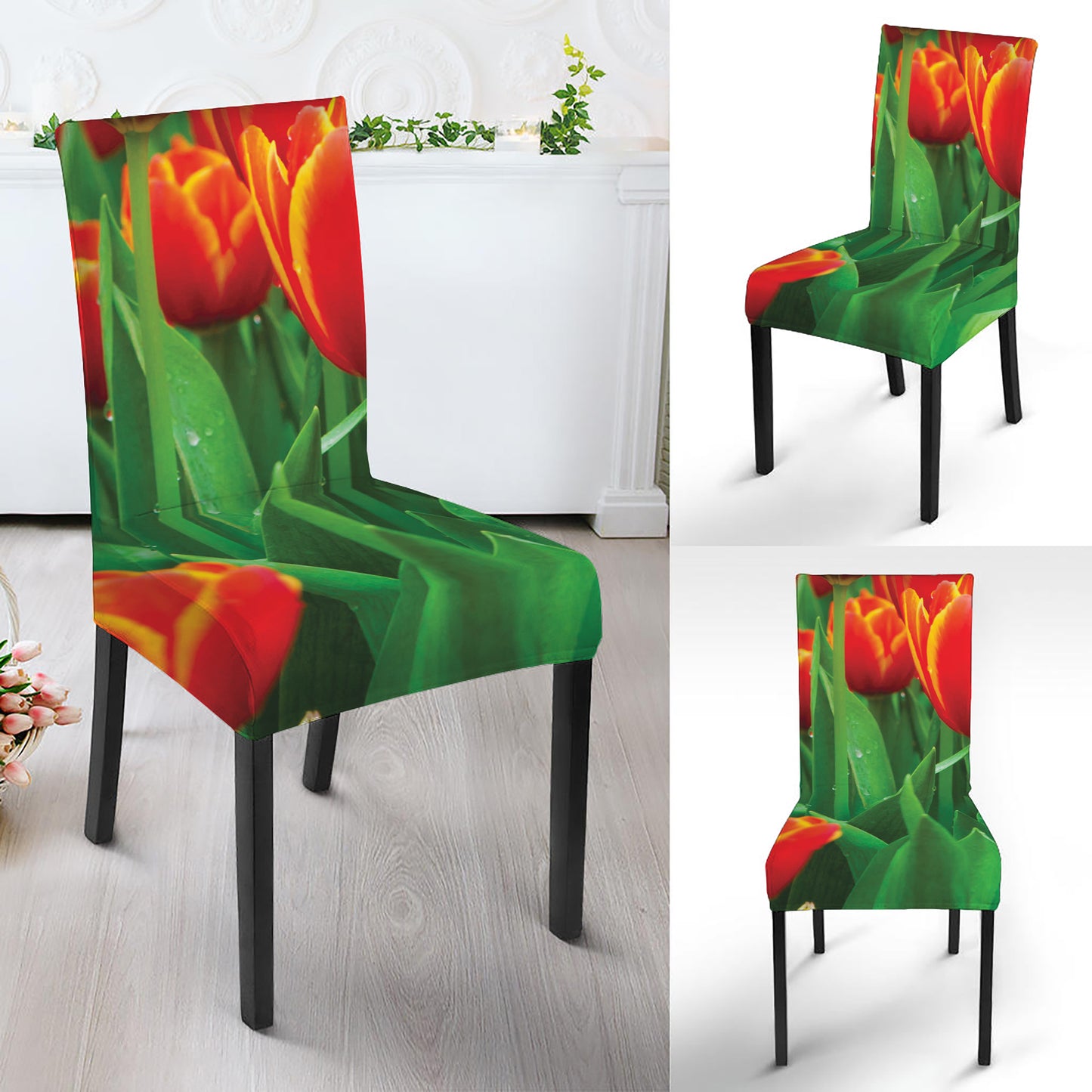 Red And Yellow Tulip Print Dining Chair Slipcover