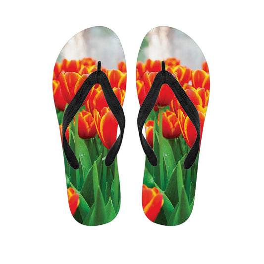 Red And Yellow Tulip Print Flip Flops