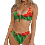 Red And Yellow Tulip Print Front Bow Tie Bikini