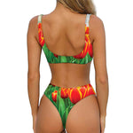 Red And Yellow Tulip Print Front Bow Tie Bikini