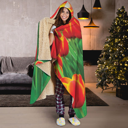 Red And Yellow Tulip Print Hooded Blanket