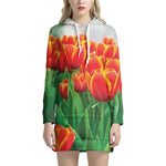 Red And Yellow Tulip Print Hoodie Dress