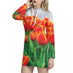 Red And Yellow Tulip Print Hoodie Dress