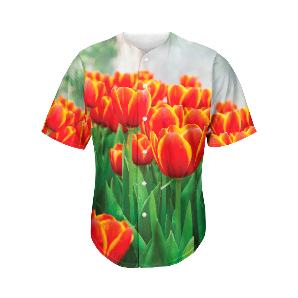 Red And Yellow Tulip Print Men's Baseball Jersey