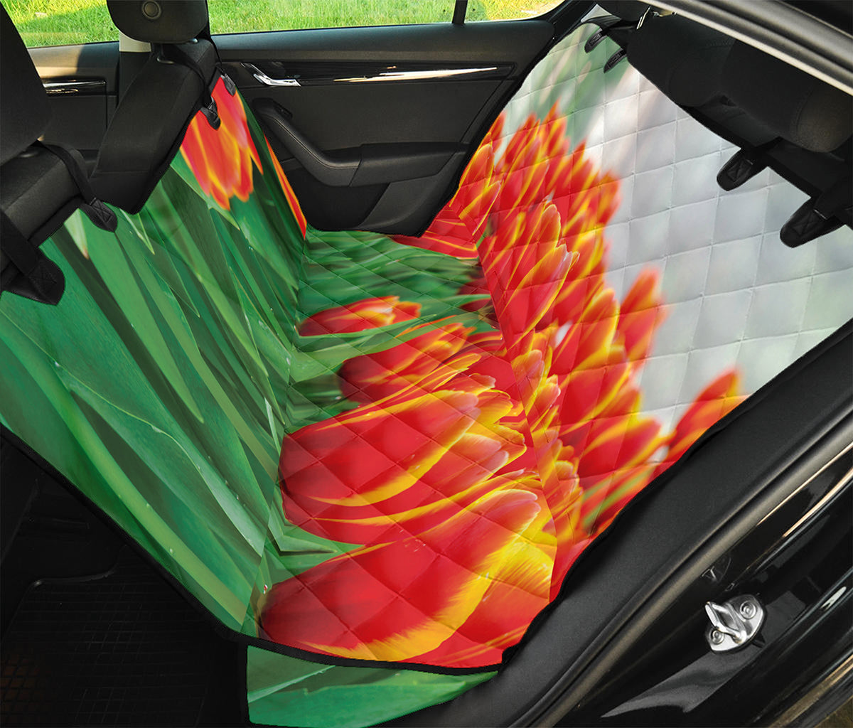 Red And Yellow Tulip Print Pet Car Back Seat Cover