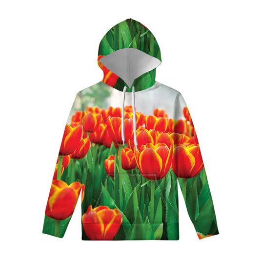 Red And Yellow Tulip Print Pullover Hoodie