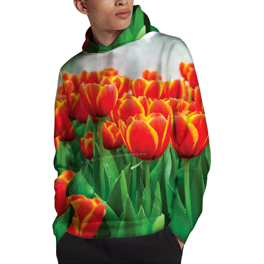 Red And Yellow Tulip Print Pullover Hoodie
