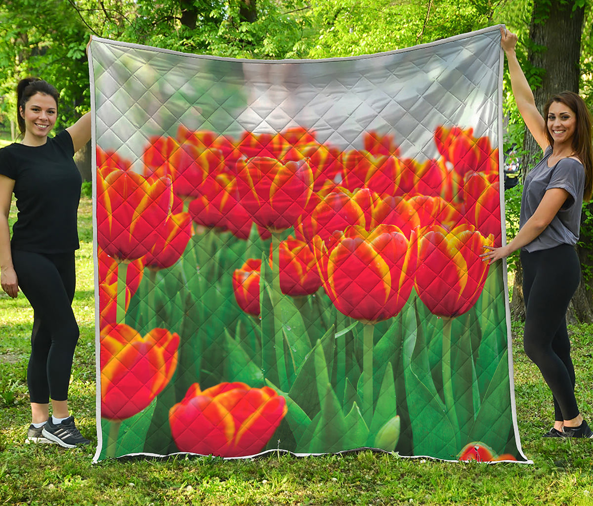 Red And Yellow Tulip Print Quilt