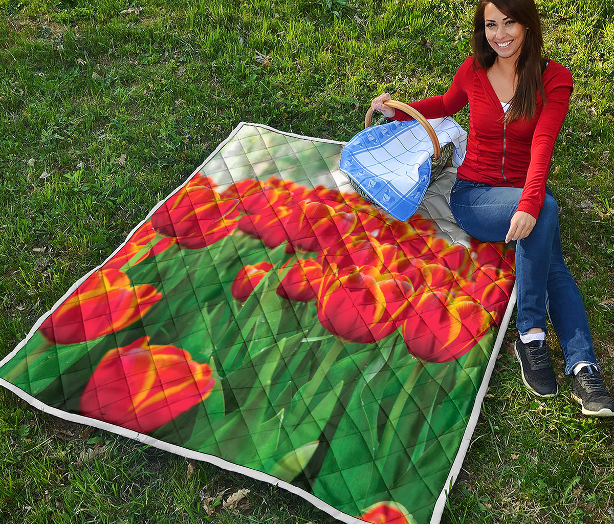 Red And Yellow Tulip Print Quilt