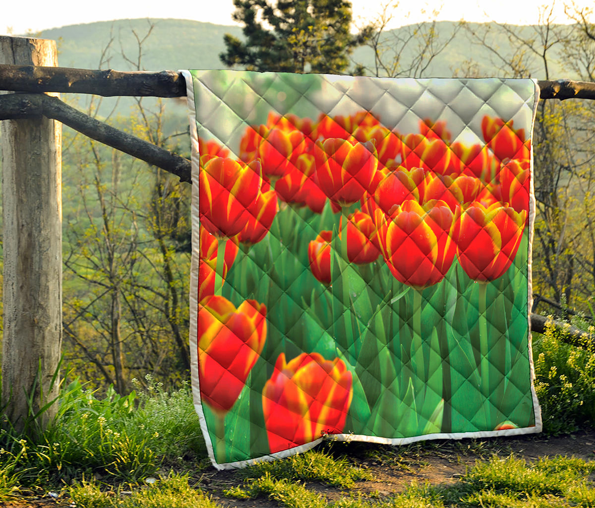 Red And Yellow Tulip Print Quilt