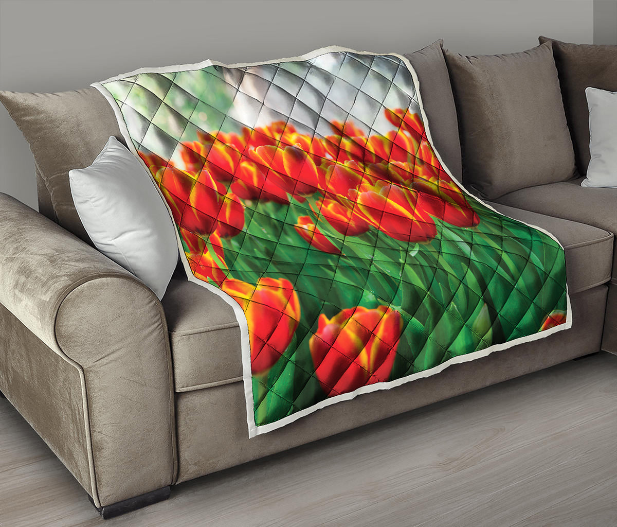 Red And Yellow Tulip Print Quilt