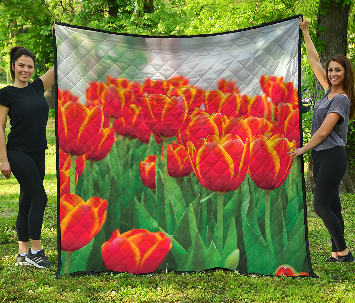 Red And Yellow Tulip Print Quilt