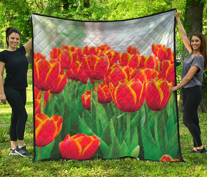 Red And Yellow Tulip Print Quilt
