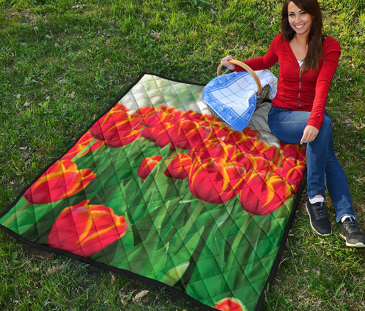 Red And Yellow Tulip Print Quilt