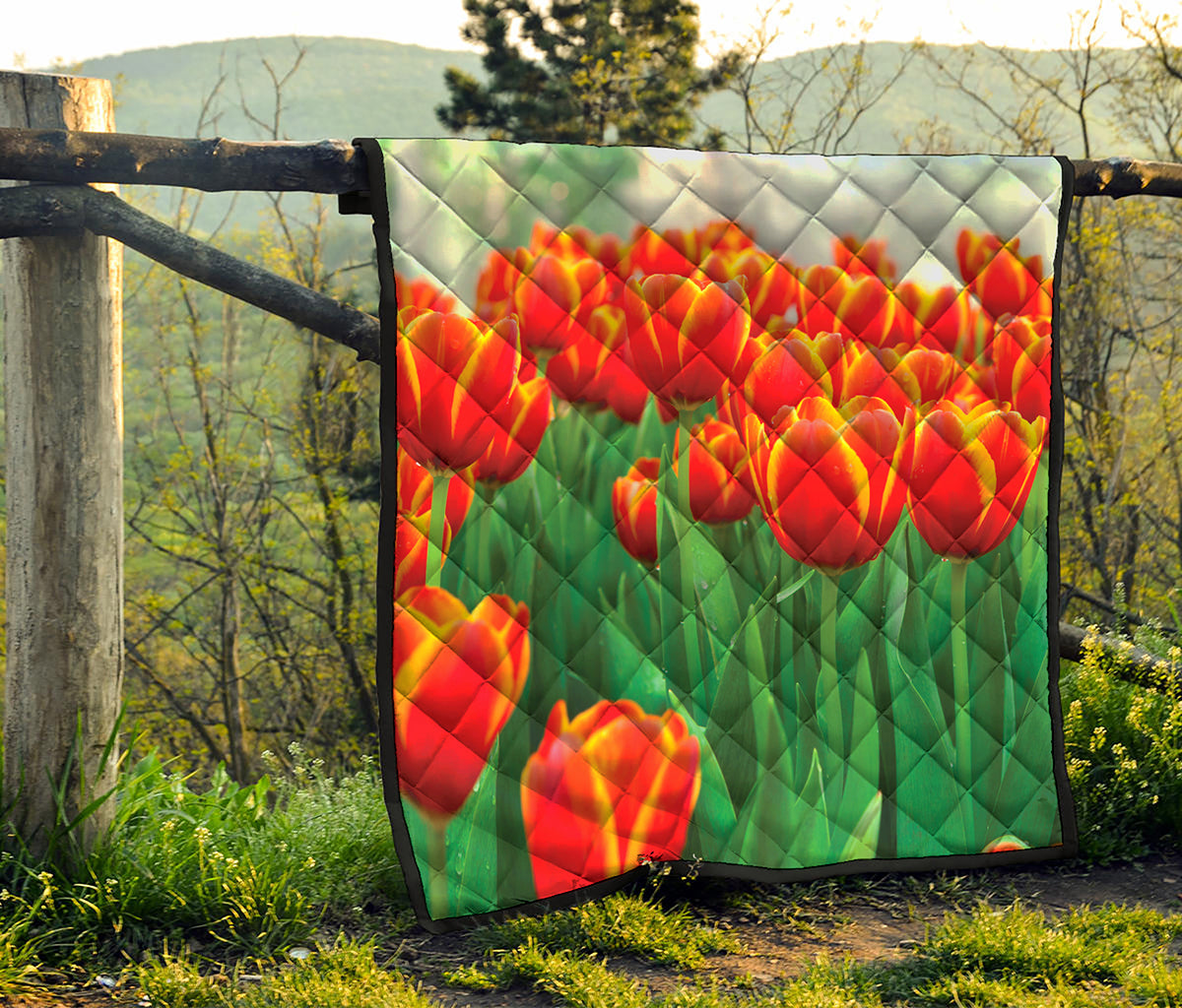 Red And Yellow Tulip Print Quilt