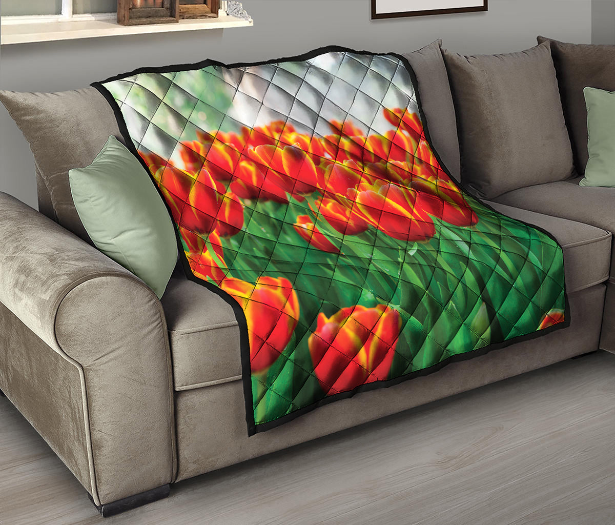 Red And Yellow Tulip Print Quilt